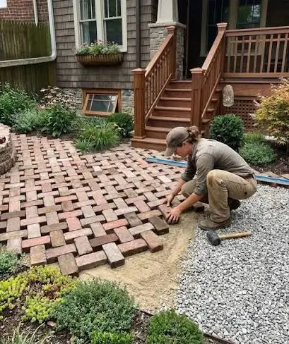 Reclaimed brick patio being laid in a basketweave pattern beside a garden