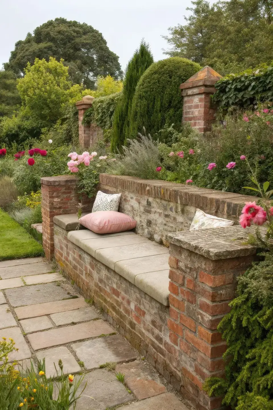 Garden bench built into a reclaimed brick wall with stone caps